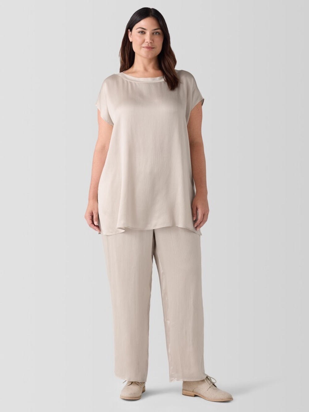 Eileen Fisher Striated Silk Satin Straight Pant in Almond NEW $228